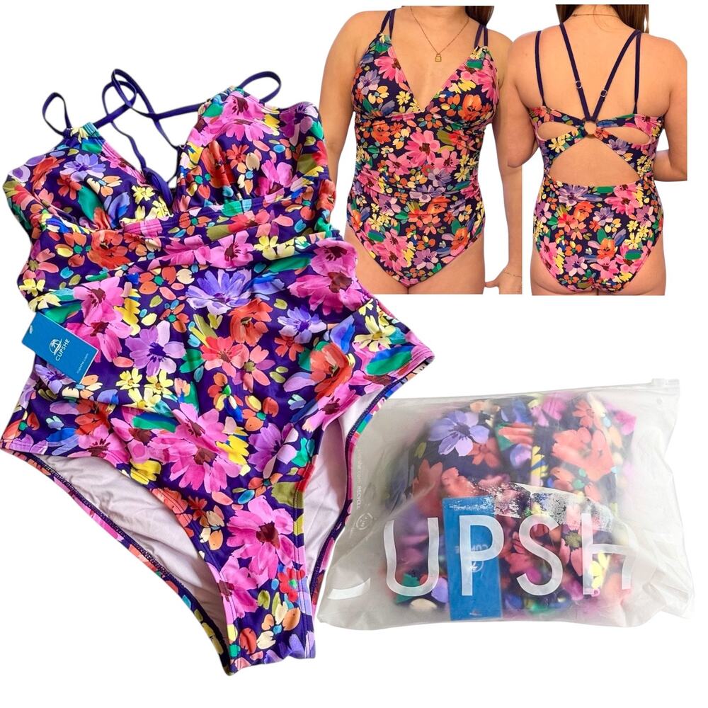 NEW Cupshe SWIMSUIT Women's LG 1PC  V-Neck Tummy Control ADJ Straps Back O-Ring